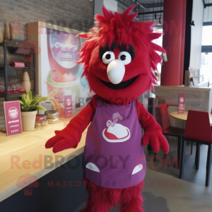 Magenta Chicken Parmesan mascot costume character dressed with a Dungarees and Brooches