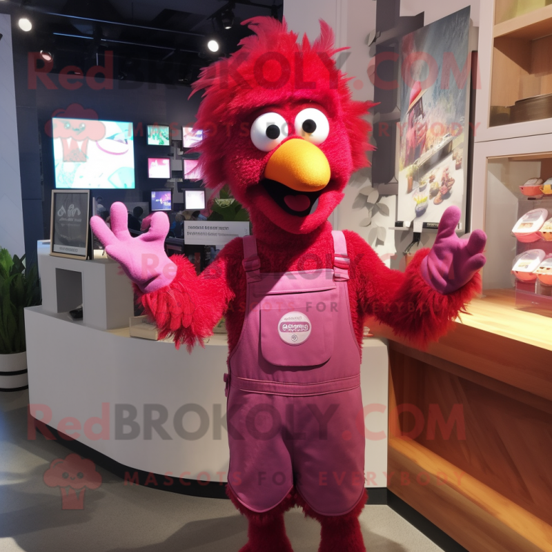 Magenta Chicken Parmesan mascot costume character dressed with a Dungarees and Brooches