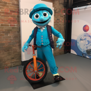 Turquoise Unicyclist mascot costume character dressed with a Waistcoat and Scarves
