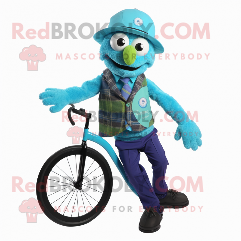 Turquoise Unicyclist mascot costume character dressed with a Waistcoat and Scarves