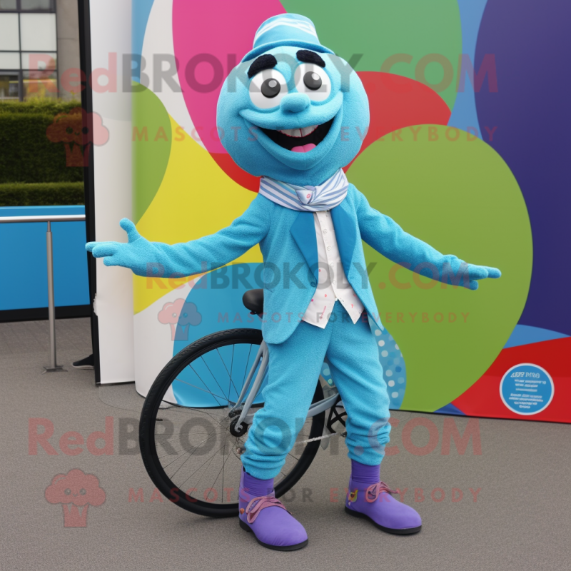 Turquoise Unicyclist mascot costume character dressed with a Waistcoat and Scarves Turquoise Unicyclist mascot costume character dressed with a Waistcoat and Scarves