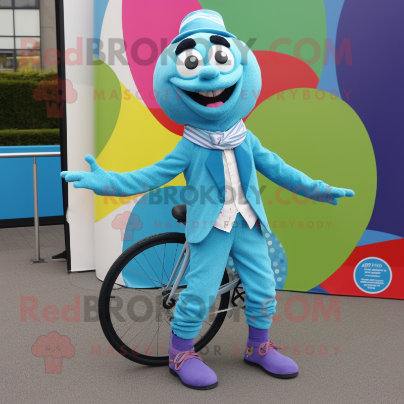 Turquoise Unicyclist mascot costume character dressed with a Waistcoat and Scarves