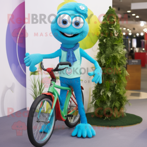 Turquoise Unicyclist mascot costume character dressed with a Waistcoat and Scarves