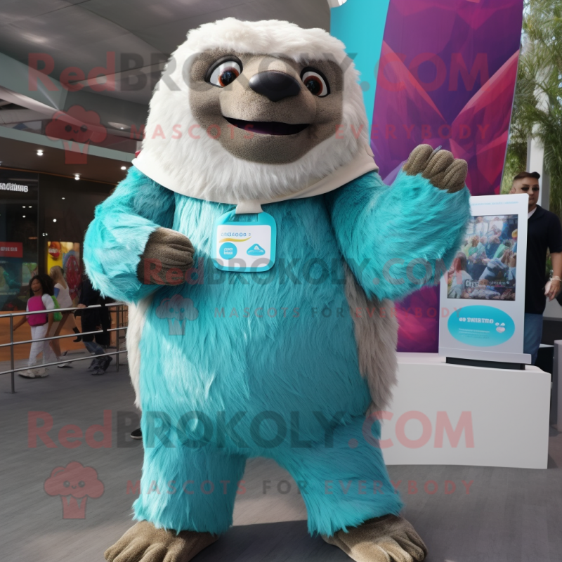 Teal Giant Sloth mascot costume character dressed with a Waistcoat and Anklets