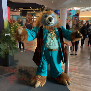 Teal Giant Sloth mascot costume character dressed with a Waistcoat and Anklets