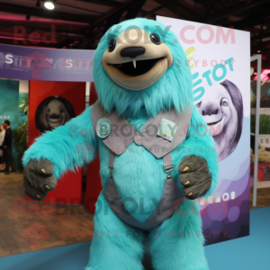Teal Giant Sloth mascot costume character dressed with a Waistcoat and Anklets
