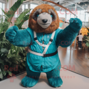 Teal Giant Sloth mascot costume character dressed with a Waistcoat and Anklets