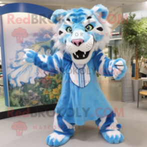 Sky Blue Saber-Toothed Tiger mascot costume character dressed with a Shift Dress and Hair clips