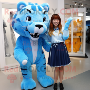 Sky Blue Saber-Toothed Tiger mascot costume character dressed with a Shift Dress and Hair clips