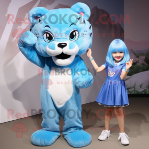 Sky Blue Saber-Toothed Tiger mascot costume character dressed with a Shift Dress and Hair clips