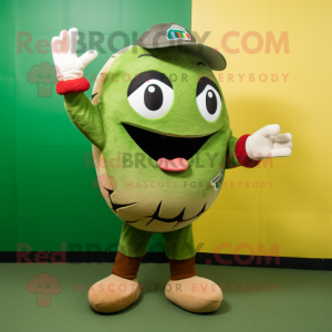Olive Ceviche mascot costume character dressed with a Baseball Tee and Earrings
