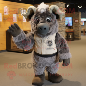 Gray Bison mascot costume character dressed with a Romper and Mittens