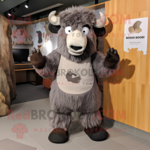 Gray Bison mascot costume character dressed with a Romper and Mittens