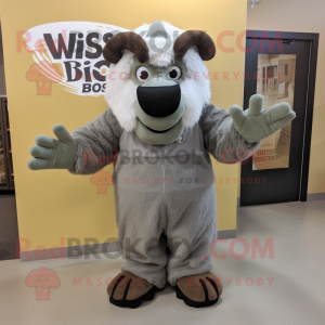 Gray Bison mascot costume character dressed with a Romper and Mittens