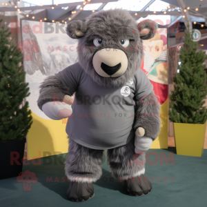 Gray Bison mascot costume character dressed with a Romper and Mittens