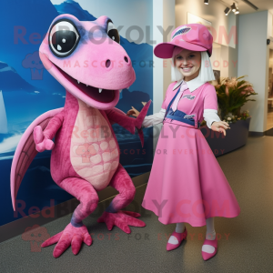 Pink Dimorphodon mascot costume character dressed with a Shift Dress and Ties