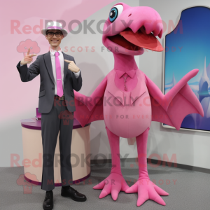 Pink Dimorphodon mascot costume character dressed with a Shift Dress and Ties