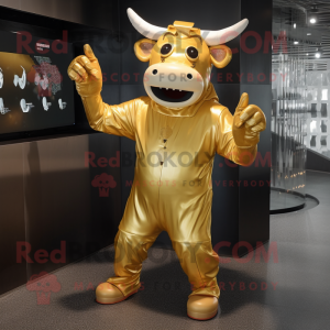 Gold Cow mascot costume character dressed with a Bodysuit and Mittens