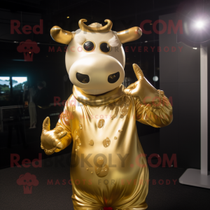 Gold Cow mascot costume character dressed with a Bodysuit and Mittens