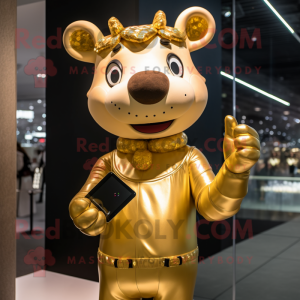 Gold Cow mascot costume character dressed with a Bodysuit and Mittens