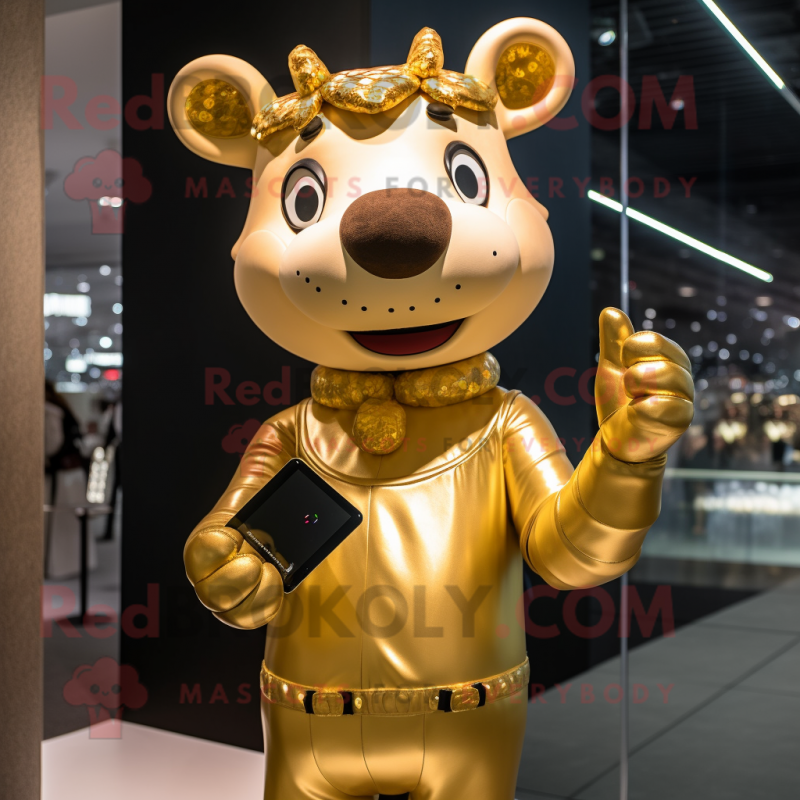 Gold Cow mascot costume character dressed with a Bodysuit and Mittens