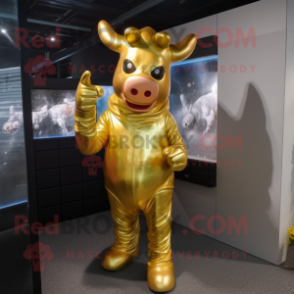 Gold Cow mascot costume character dressed with a Bodysuit and Mittens