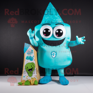 Cyan Nachos mascot costume character dressed with a Yoga Pants and Digital watches