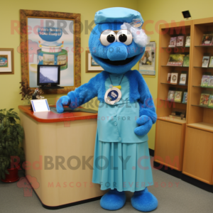 Blue Doctor mascot costume character dressed with a Maxi Skirt and Earrings