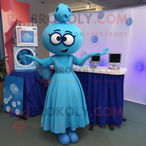 Blue Doctor mascot costume character dressed with a Maxi Skirt and Earrings