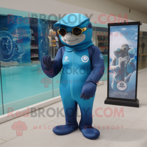 Cyan Navy Seal mascot costume character dressed with a One-Piece Swimsuit and Keychains