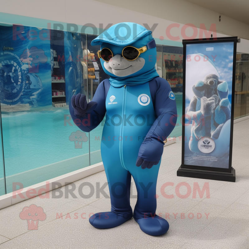 Cyan Navy Seal mascot costume character dressed with a One-Piece Swimsuit and Keychains