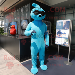 Cyan Navy Seal mascot costume character dressed with a One-Piece Swimsuit and Keychains