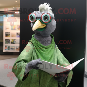 Green Guinea Fowl mascot costume character dressed with a Blouse and Reading glasses