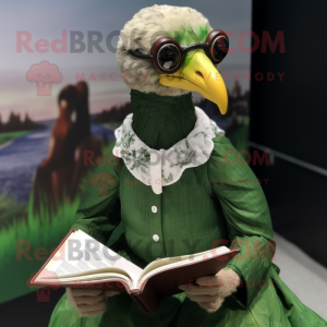 Green Guinea Fowl mascot costume character dressed with a Blouse and Reading glasses
