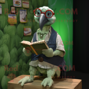 Green Guinea Fowl mascot costume character dressed with a Blouse and Reading glasses