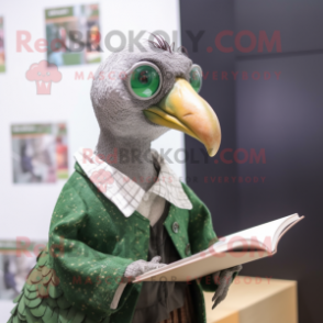 Green Guinea Fowl mascot costume character dressed with a Blouse and Reading glasses