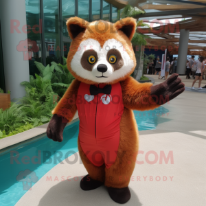 Red Red Panda mascot costume character dressed with a One-Piece Swimsuit and Foot pads