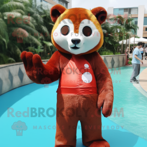 Red Red Panda mascot costume character dressed with a One-Piece Swimsuit and Foot pads