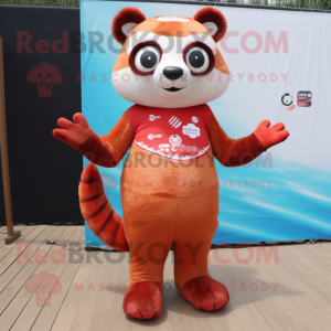 Red Red Panda mascot costume character dressed with a One-Piece Swimsuit and Foot pads