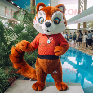 Red Red Panda mascot costume character dressed with a One-Piece Swimsuit and Foot pads