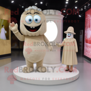 Beige Engagement Ring mascot costume character dressed with a Shift Dress and Mittens