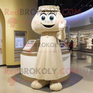 Beige Engagement Ring mascot costume character dressed with a Shift Dress and Mittens