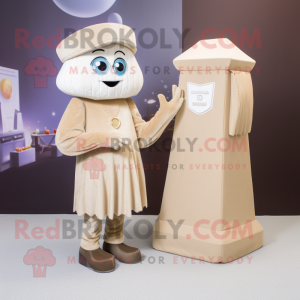 Beige Engagement Ring mascot costume character dressed with a Shift Dress and Mittens