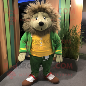 Green Porcupine mascot costume character dressed with a Corduroy Pants and Shoe laces