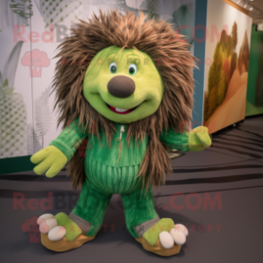 Green Porcupine mascot costume character dressed with a Corduroy Pants and Shoe laces
