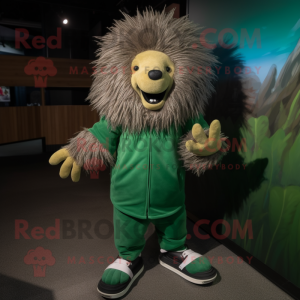Green Porcupine mascot costume character dressed with a Corduroy Pants and Shoe laces