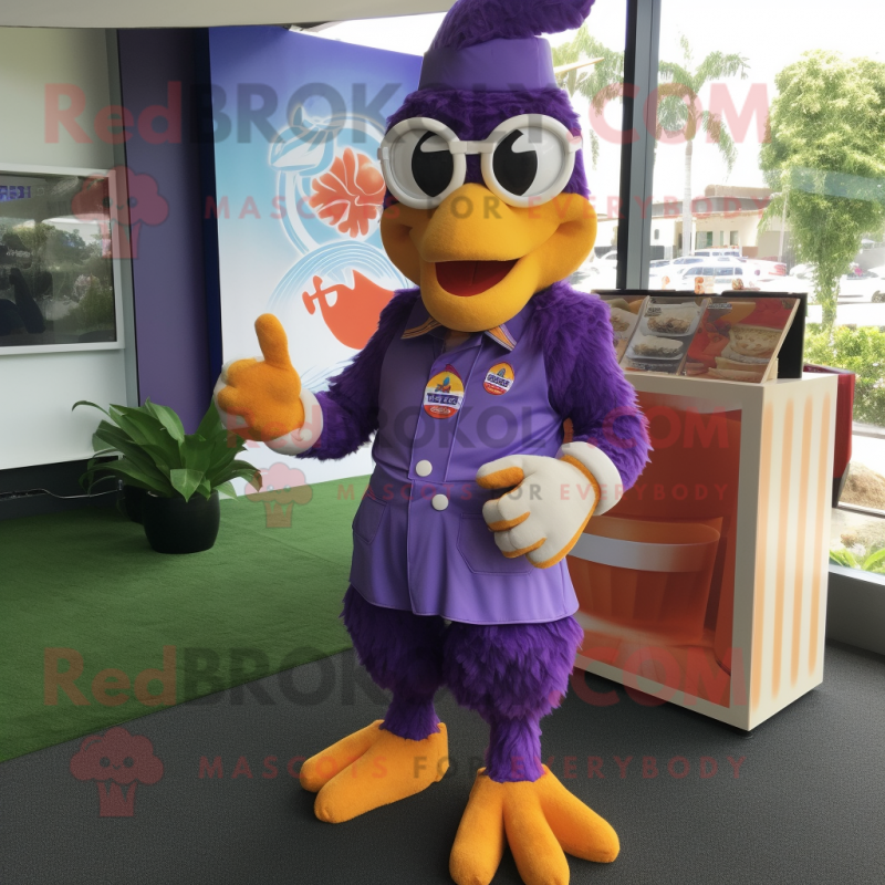 Purple Butter Chicken mascot costume character dressed with a Bermuda Shorts and Pocket squares Purple Butter Chicken mascot costume character dressed with a Bermuda Shorts and Pocket squares