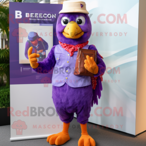 Purple Butter Chicken mascot costume character dressed with a Bermuda Shorts and Pocket squares