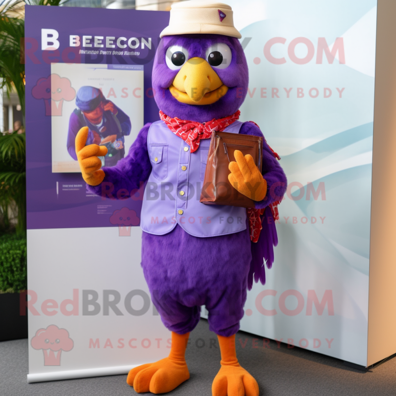 Purple Butter Chicken mascot costume character dressed with a Bermuda Shorts and Pocket squares Purple Butter Chicken mascot costume character dressed with a Bermuda Shorts and Pocket squares