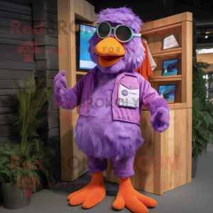 Purple Butter Chicken mascot costume character dressed with a Bermuda Shorts and Pocket squares